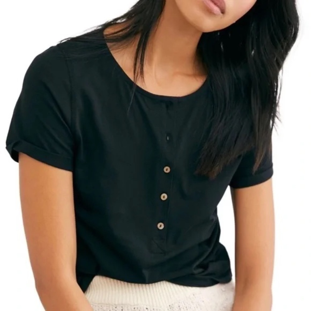 Free People Black Button-Up Henley Women's Top